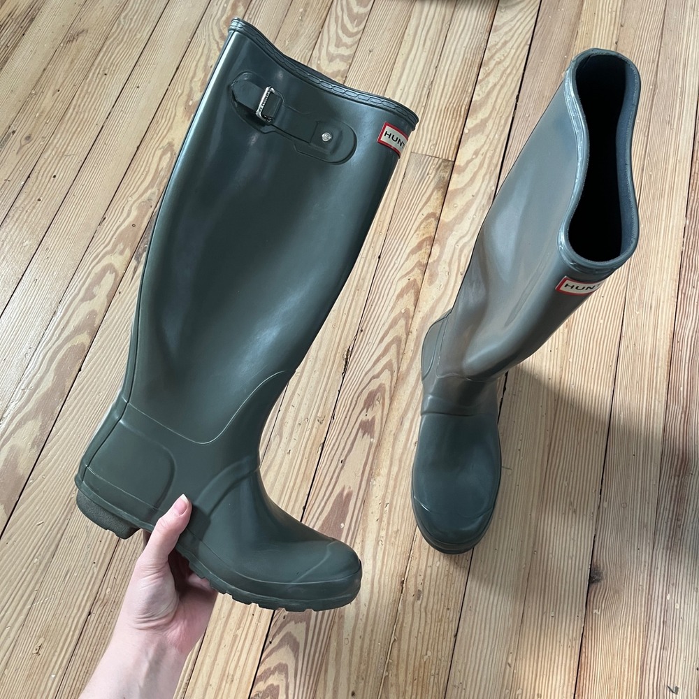 Hunter Original Tall Rain Boots Women 8 Dark Gray Green Matte Waterproof Wellies